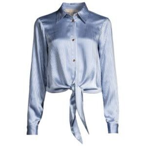 Michael Kors Satin Pinstripe Tie Front Blouse in Blueberry Size Large NWT